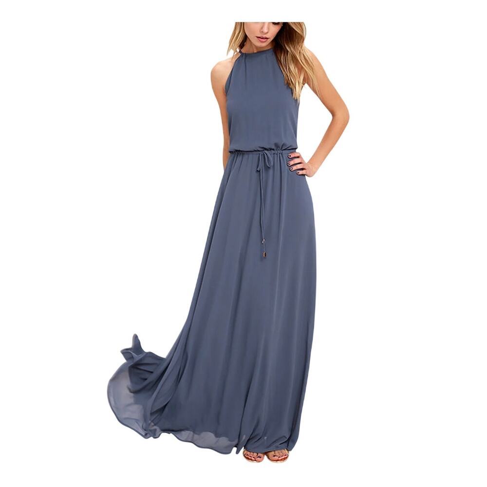 Lulu’s NEW Be Mellow Blue Sleeveless Waist Tie Formal Bridesmaid Maxi Dress